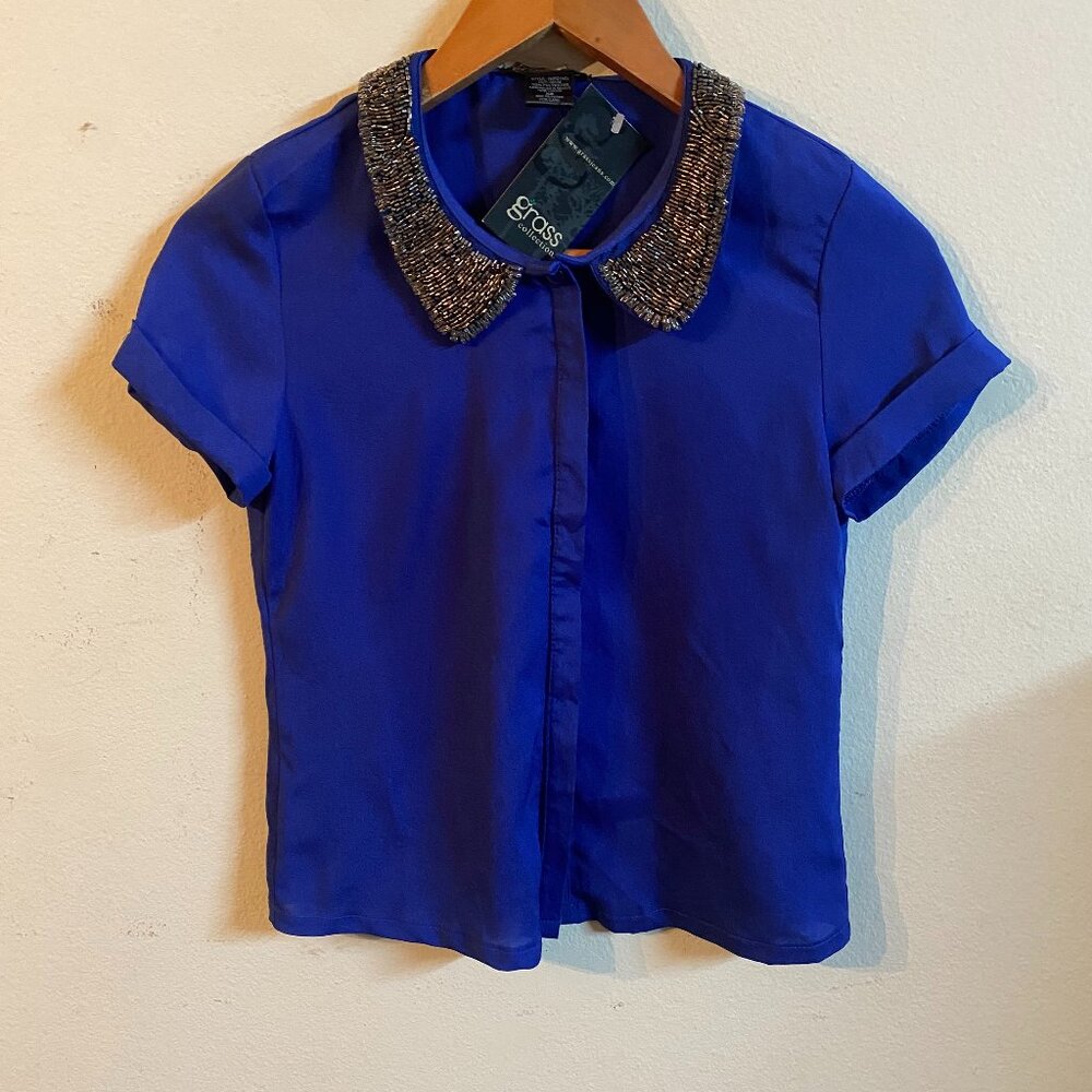 GRASS COLLECTION XS ROYAL BLUE &METALLIC SILVER SHORT-SLEEVE BUTTON-FRONT BLOUSE